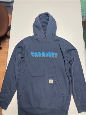Carhartt rain defender Men’s Navy Crewneck Hoodie with Light Blue Logo
